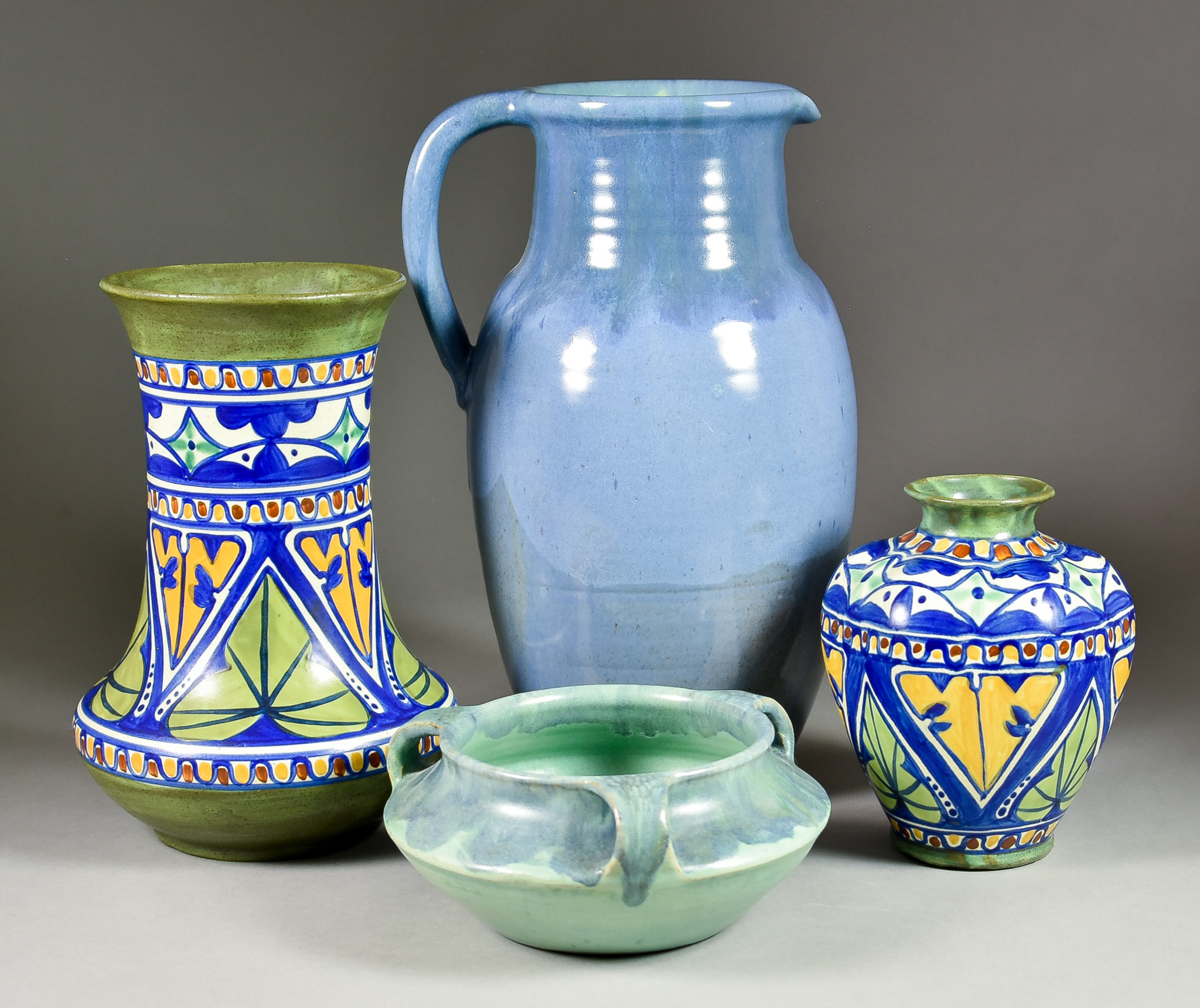 Two Hanley Design Vases and Two Pieces of Upchurch Pottery, 20th Century, the Hanley vases by