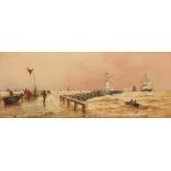 Thomas Bush Hardy (1842-1897) - Watercolour - Pier with lighthouse and small vessels on a choppy