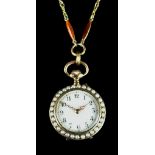A Lady's Keyless Pendant Watch, 20th Century, case embellished with seed pearls and engine turned