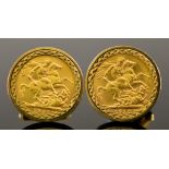 A Pair of 9ct Gold Cuff Links, each set with a sovereign, 1907 and 1910, total gross weight 28.2g