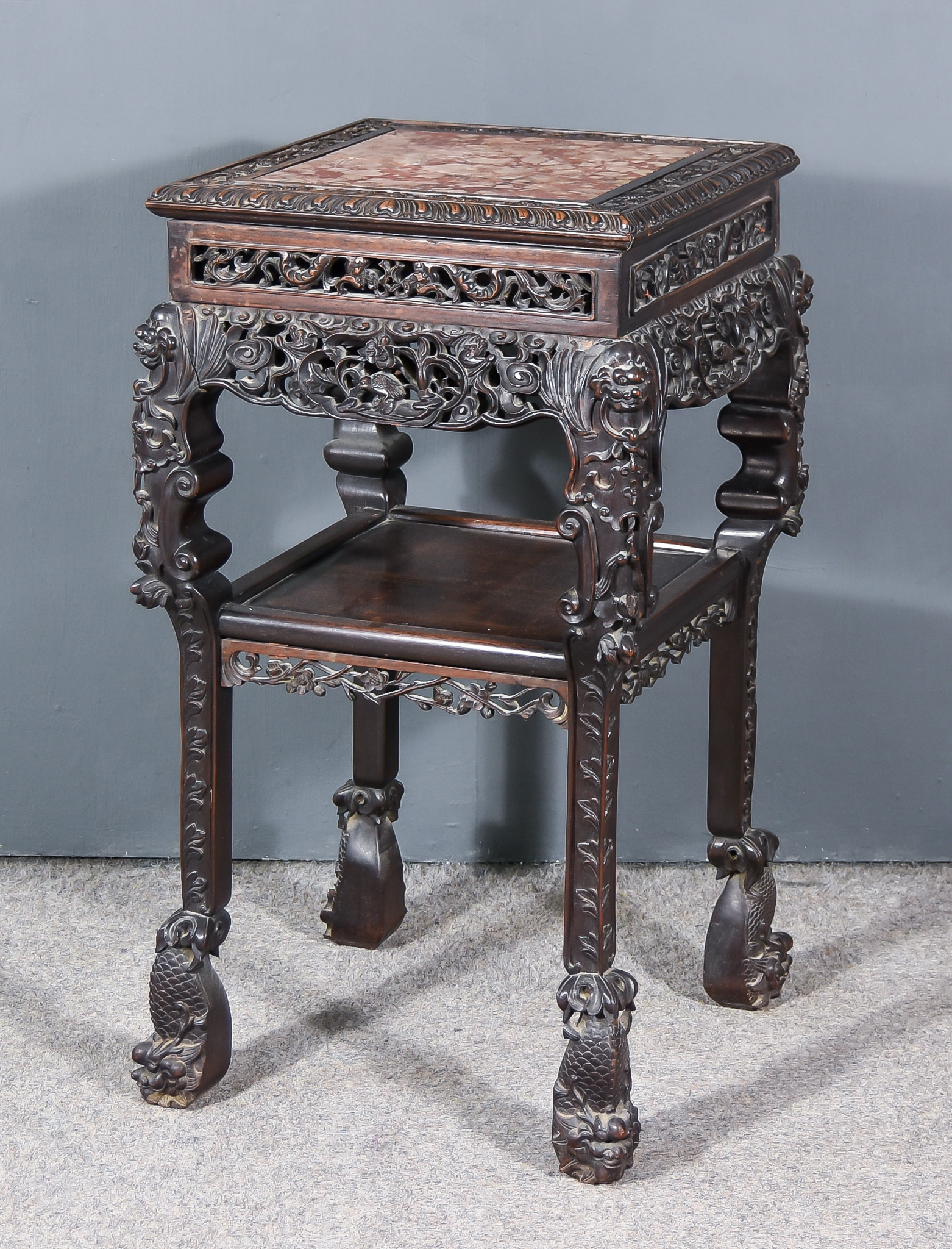 A Chinese Two Tier Hardwood Square Jardiniere Stand, with red and white veined marble slab inset,