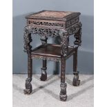 A Chinese Two Tier Hardwood Square Jardiniere Stand, with red and white veined marble slab inset,