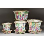 A Set of Four Graduated Chinese Cantonese Porcelain Hexagonal Flower Pots and Stands, each enamelled