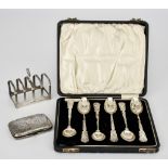 A Set of Six George V "Golf" Teaspoons, a Toast Rack and Cigarette Case, the teaspoons by William