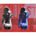 ***Tommy Gurr (Born 1984) - Spray paint - "Festival Girl" - Rear view of two women wearing