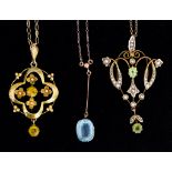 Three 9ct Gold Gem Set Pendants, 20th Century, comprising - one geometric shape with yellow stone on