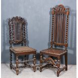A 19th Century Oak High Back Hall Chair of Carolean Design, with scroll carved crest rail, on spiral
