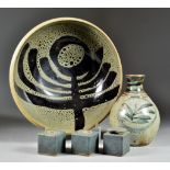 A Collection of 20th Century Stoneware Studio Pottery, including - a bulbous vase with flared rim,