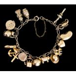 A 9ct Gold Charm Bracelet, suspended with twelve 9ct gold charms and three plated charms, 160mm,