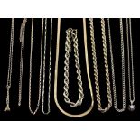 A Quantity of 9ct Gold Chains, comprising - one flat curb, 120mm, one ribbon, 440mm, one rope twist,