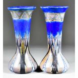A Pair of George Clews Ceramics Chameleon Ware Trumpet Vases, 1930s, decorated in Art Deco