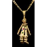 A 9ct Gold Pendant and Chain, Modern, depicting an articulated gem set clown, 70mm x 32mm, suspended