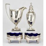 A George III Silver Helmet Pattern Cream Jug, a Sugar Caster, and a Pair of Oval Salts, the cream