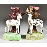 A Rare Pair of Portobello Pottery Spill Vase Figures, of a stag and doe, 6ins high
