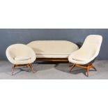 A 1960s Lurashell Black Fibreglass and Wood Settee, upholstered in cream cloth, on curved