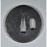 A Japanese Iron Tsuba, Tosho School Maru-gata, 2.5ins diameter, and one other, iron Maru-gata