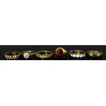 Six 9ct Gold Gem Set Rings, comprising - one with red oval stone, size E, one with red oval stone,