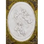 After Hélène Bertaux (1825-1909) - Reconstituted marble oval relief - three winged putti, with