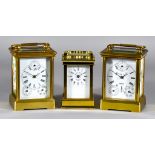 Two 20th Century Brass and Porcelain Cased Carriage Timepieces and One Other, the two timepieces
