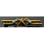 A 15ct Gold Bar Brooch, 20th Century, in the form of a lovers knot with two small turquoise