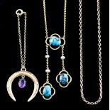 A 9ct Gold Fine Chain Necklace, 430mm, a 9ct gold necklace set with three turquoise stones in a