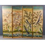 A Victorian Leather Covered Four Fold Draught Screen, the fronts painted with exotic birds and