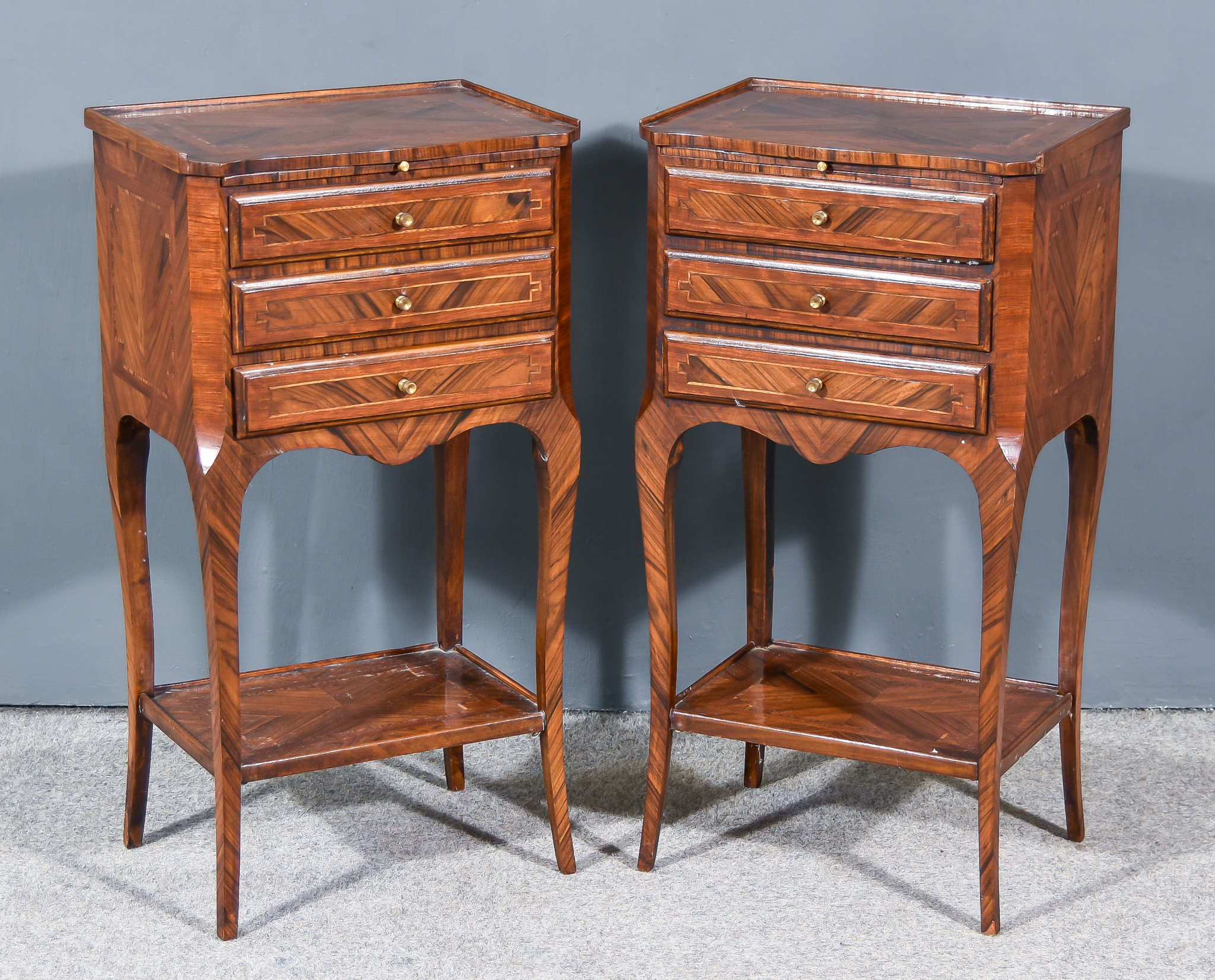 A Pair of 20th Century French Kingwood Tray Top Bedside Chests, inlaid with bandings, fitted slide