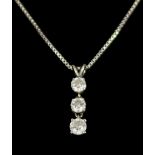 A Platinum Three Stone Diamond Drop Pendant, set with three brilliant cut white diamonds,