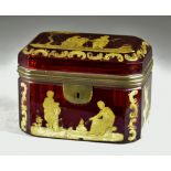 A Ruby Glass and Gilt Metal Mounted Rectangular Casket, 19th Century, with cant corners, decorated