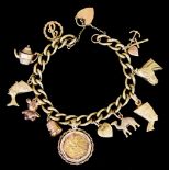 A 9ct Gold Charm Bracelet, suspended with ten charms and one mounted 1905 half sovereign, 170mm,