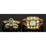 Two Gem Set Rings, 20th Century, comprising - one set with blue stone surrounded by seed pearls (one