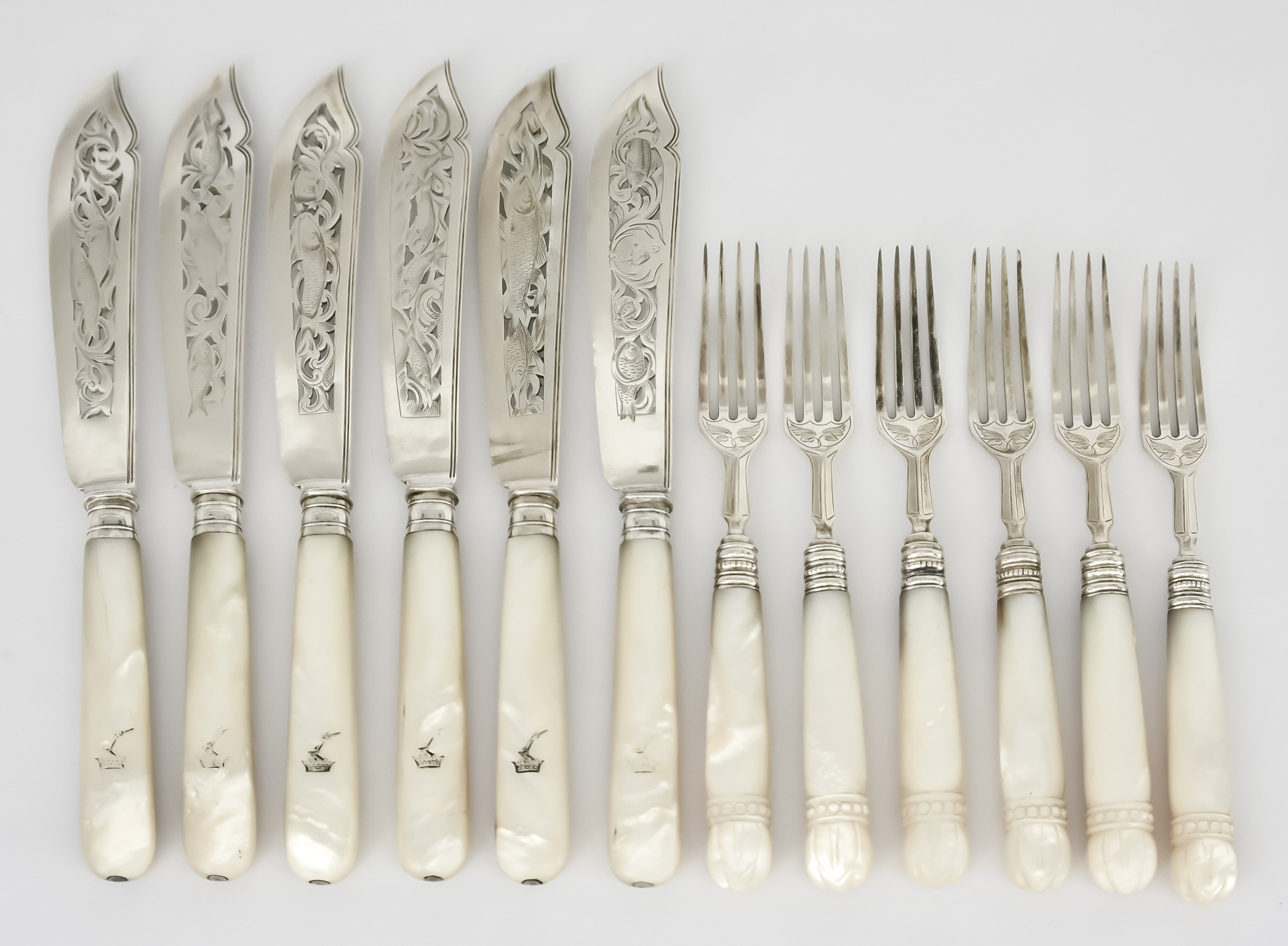 Six Victorian Silver and Mother of Pearl Handled Fish Knives and Six Fruit Forks and Mixed