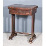 A Victorian Rosewood Rectangular Card Table, with baize lined folding top, fitted one frieze drawer,