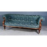 A Victorian Mahogany Framed Three Seat Low Tub-Shaped Settee, upholstered in peacock feather pattern