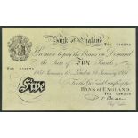 An Elizabeth II White Five Pound Bank Note, signed by Chief Cashier P. S Beale, dated 18th January