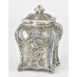 A Victorian Silver Square Bombe-Shaped Tea Caddy by Thomas Bradbury, London 1895, the whole embossed