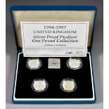 An Elizabeth II 1994-1997 United Kingdom Silver Piedfort One Pound Collection, with certificate of