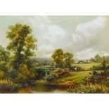 William Henry Waring (1886-1928) - Oil painting - Rural river landscape with cattle, signed, board