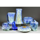Seven Pieces of Bretby Art Pottery, in blue, green and brown speckled glaze, comprising - vase