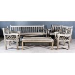 A 20th Century Slatted Teak Garden Suite, on square legs, comprising - two 6 foot benches, four