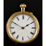 A Continental 18ct Gold Cased Fob Watch, case 38mm diameter, white enamelled dial with black Roman