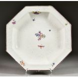 A Press Moulded Red Anchor Chelsea Octagonal Porcelain Plate, Circa 1756, enamelled with scattered