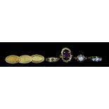 A Quantity of 18ct Gold, comprising - three oval earrings, four gem set rings, sizes P,P,O,L,