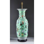 A Chinese Cantonese Celadon-Glazed Vase, moulded in relief with precious objects, insects and