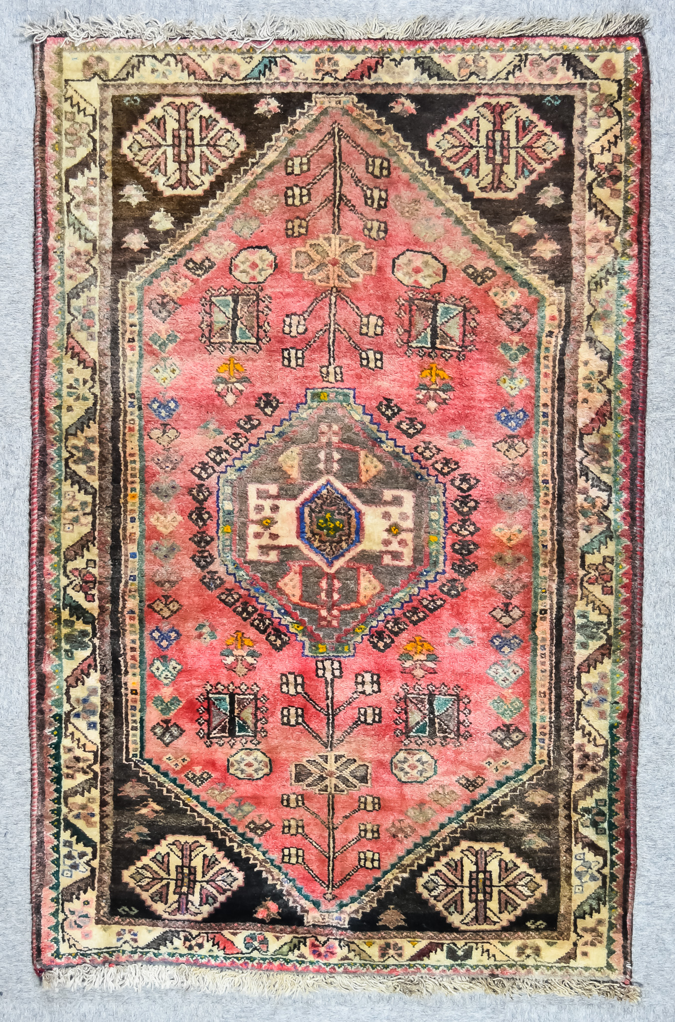 A 20th Century Bidjar Rug, woven in colours of wine, navy blue and fawn, with a central stepped