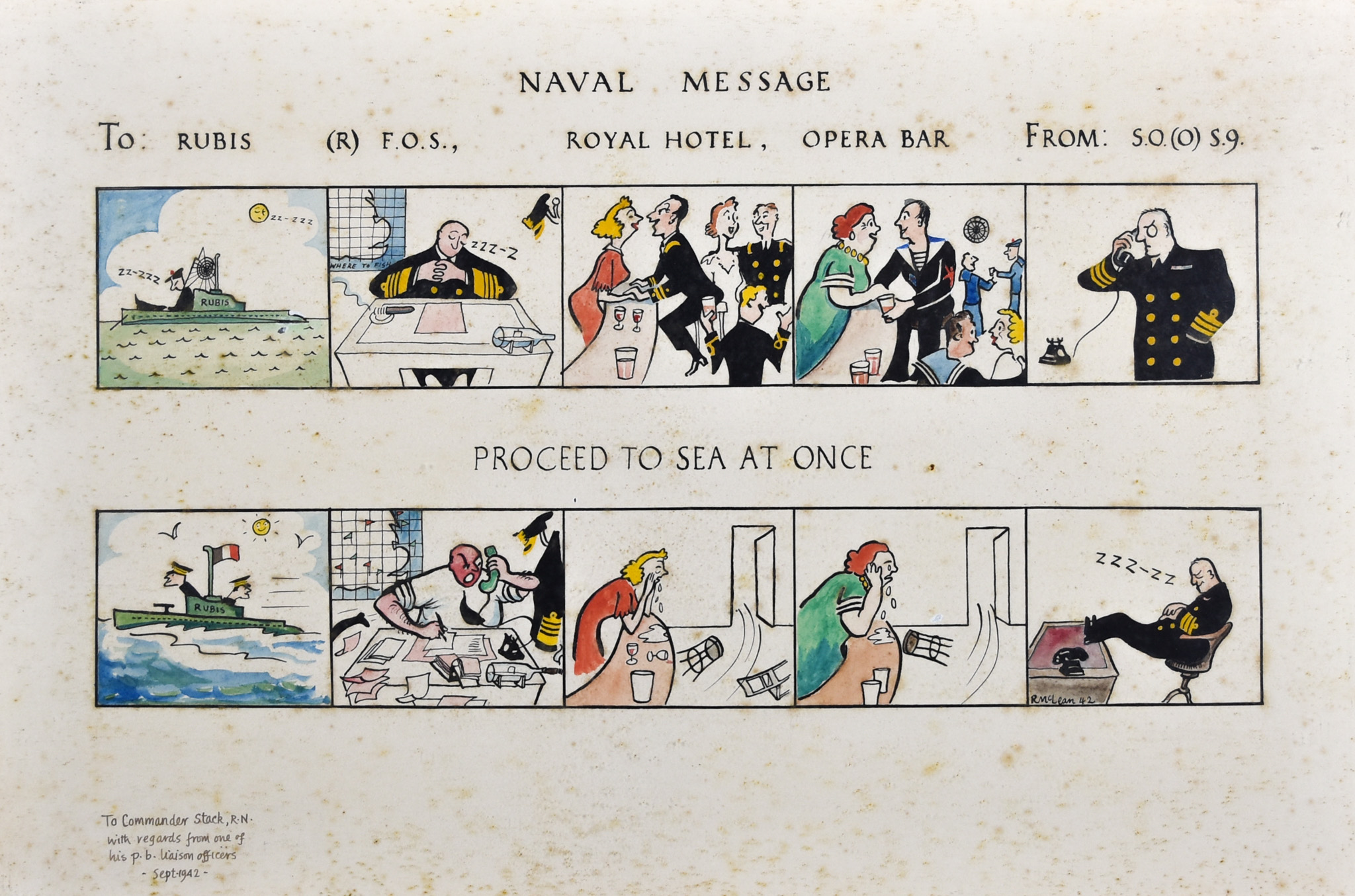 R. McLean - Pen and watercolour cartoon narrative - "Naval Message, 2: rubis (r) F.O.S., Royal