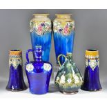 Ten Royal Doulton Stoneware Pieces, including - bulbous flask decorated with blue and brown Art