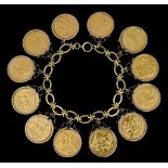 An 18ct Gold Chain Link Bracelet with twelve suspended sovereign coins, 1871, 1873, 1880, 1887,