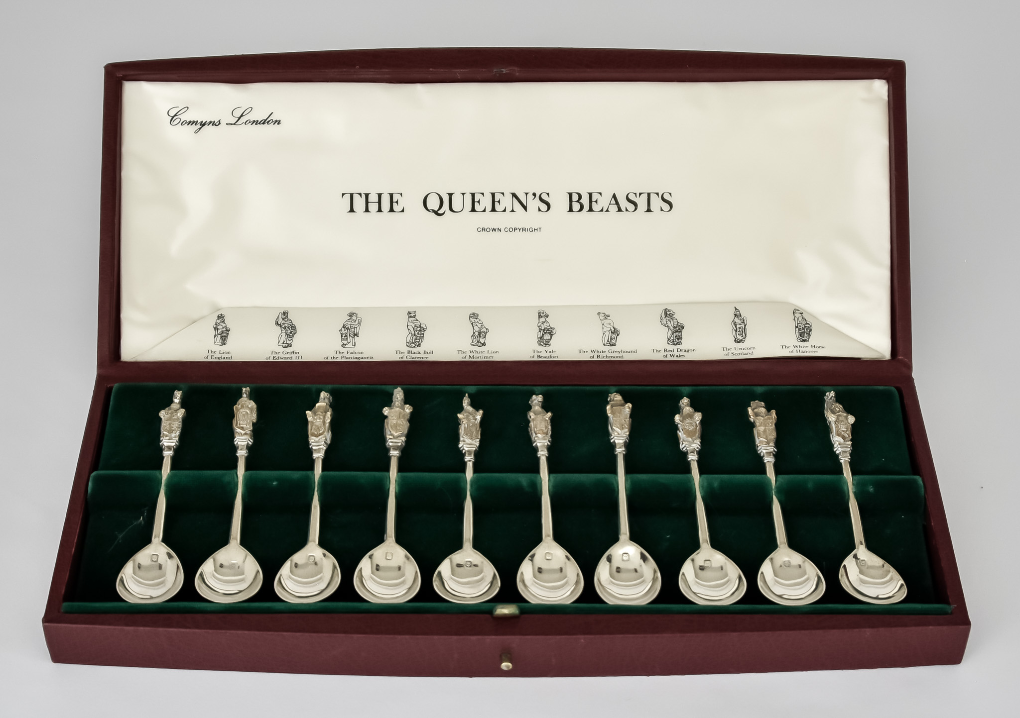 A Set of Ten Elizabeth II Silver "The Queen's Beasts" Spoons by William Comyns & Sons London 1972,