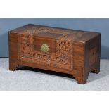 A Chinese Carved Camphor Wood Chest, of small proportions, the top and front carved with fruiting